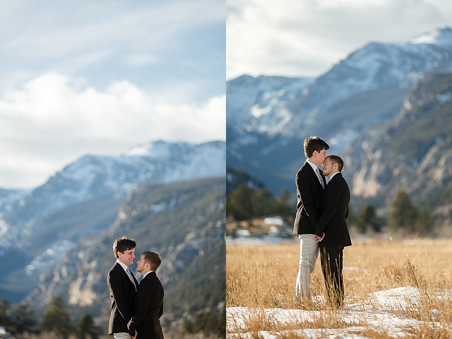 two grooms hold each other with stunning colorado mountain backdrop in breckenridge
