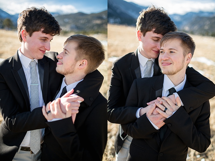 gay couple holds each other close after their gay elopement in breckenridge