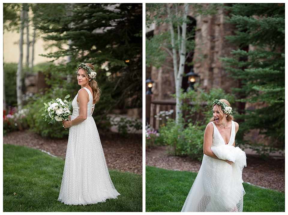 solo shot of bride posing and laughing for her Colorado wedding photographer