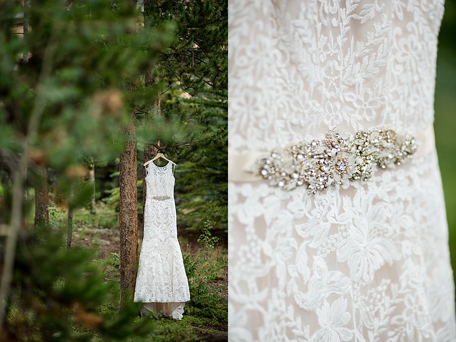 detail of white wedding dress with silver belt in keystone colorado