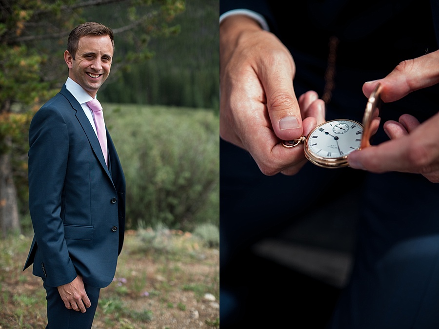 a groom poses for his individual portrait and shows off his pocketwatch 