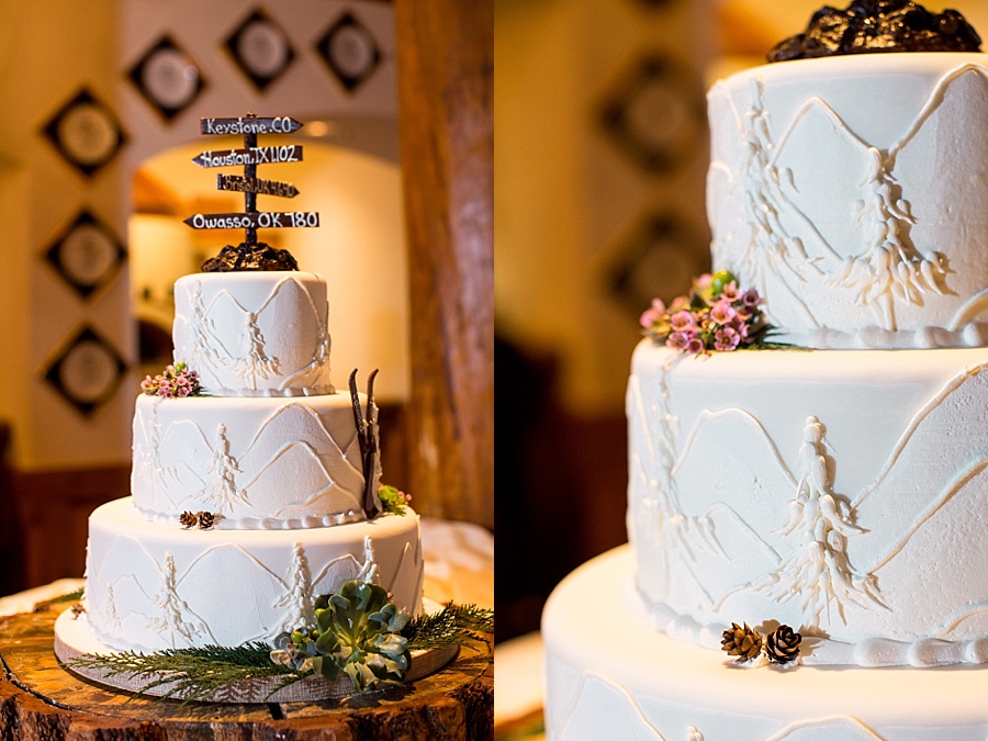 white mountain wedding cake with trees and skis at apenglow stube 