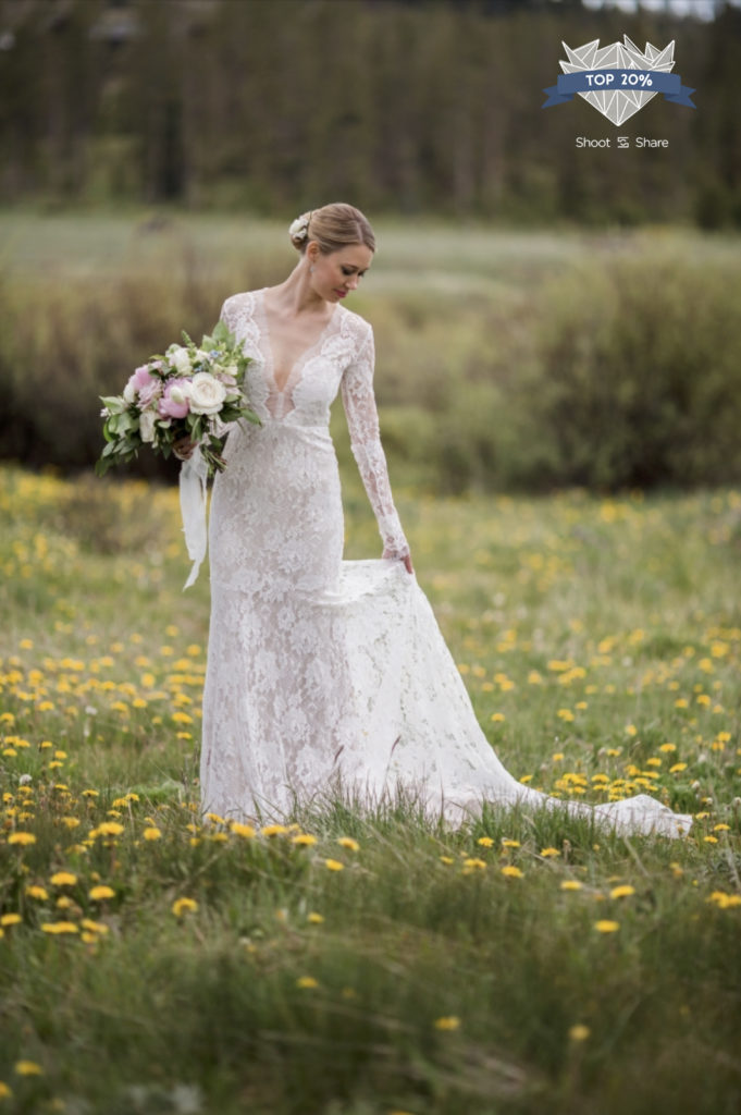 Bride at Devils Thumb Ranch in the dandelions. 