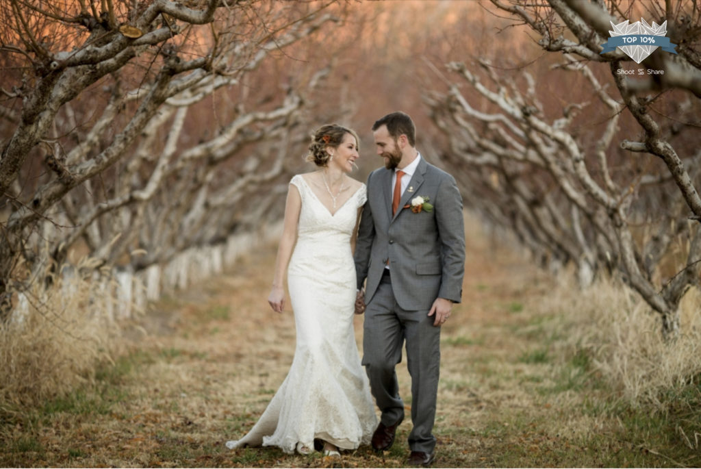 Bride and Groom walking through orchard in palisade Colorado in the Fall