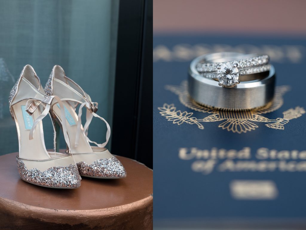 bride's shoes and the rings on a passport detail photos
