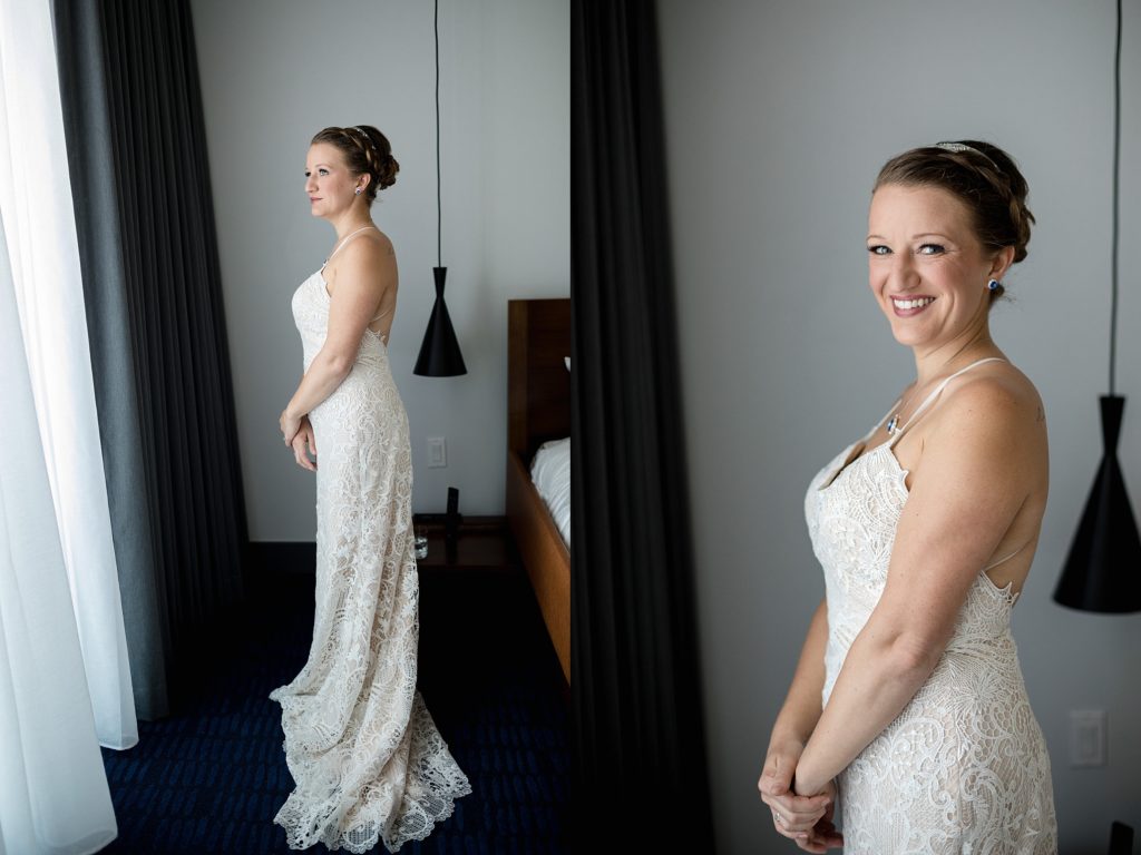 bride posing after getting ready for her red rocks wedding in colorado