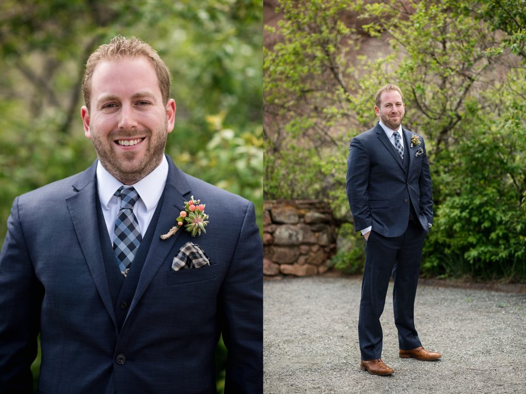 solo portrait of groom before wedding at red rocks trading post
