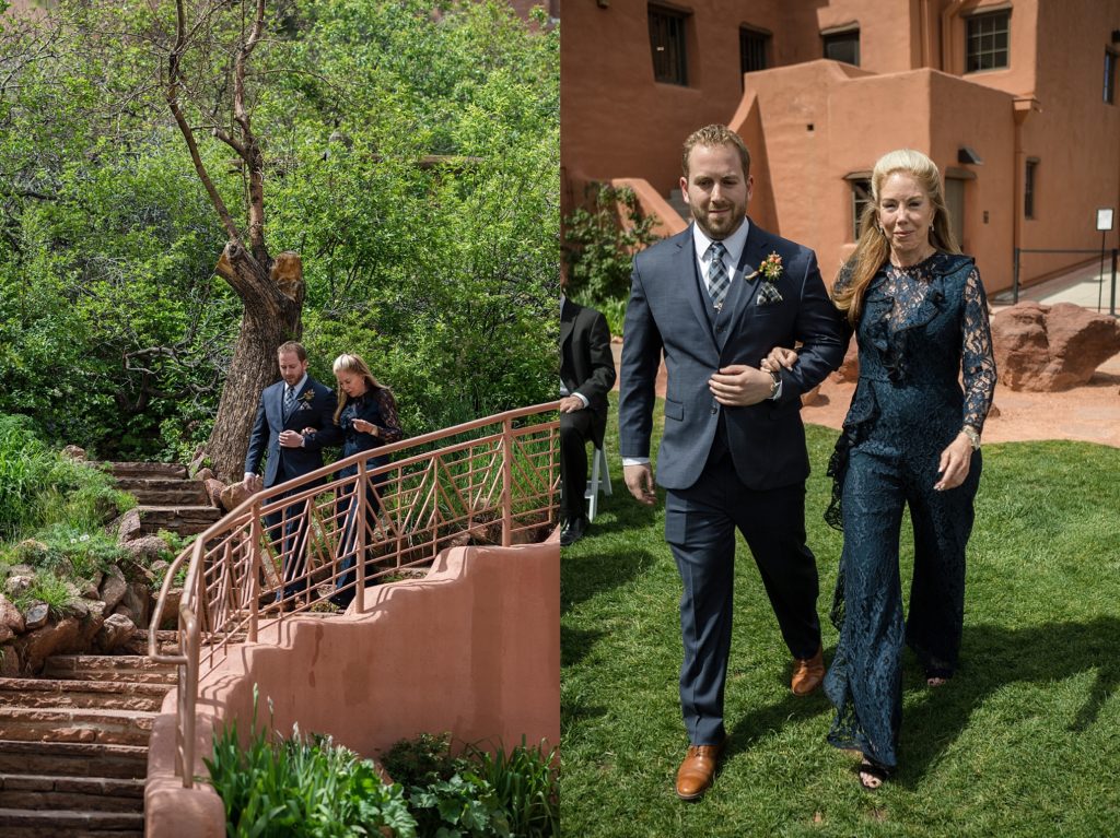 groom escorts his mother down the aisle at red rocks trading post colorado
