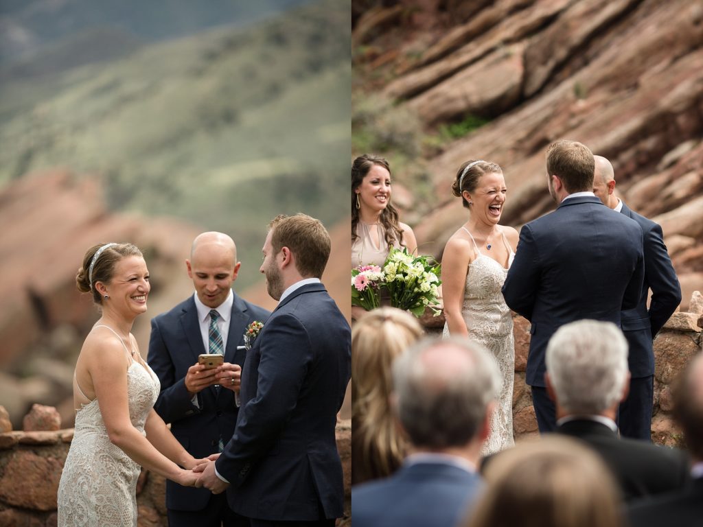 bride laughing during the wedding ceremony at red rocks trading post 