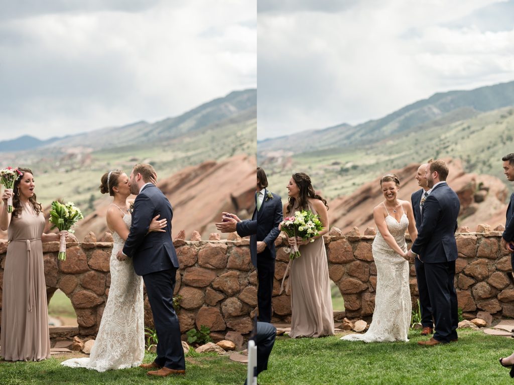 bride and groom share first kiss as husband and wife at red rocks