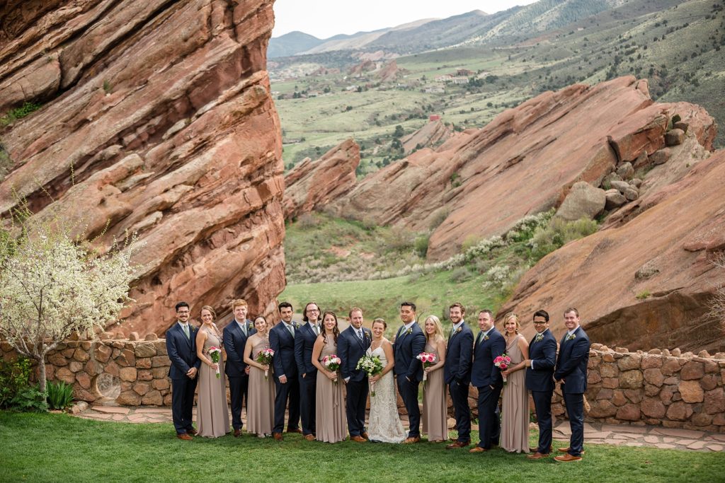 bridal party pose at red rocks trading post after the wedding ceremony 