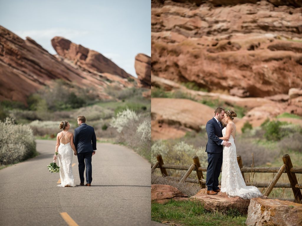 bride and groom pose near red rocks in colorado on their wedding day