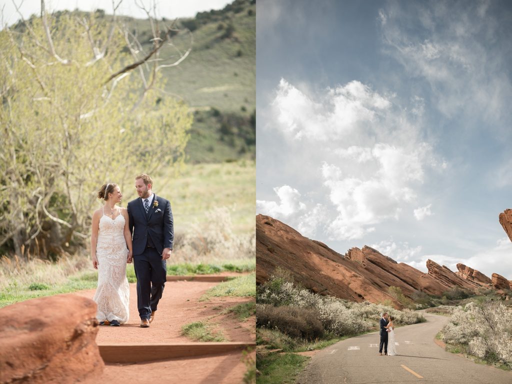 bride and groom walk through red rocks park for their bridal portraits 