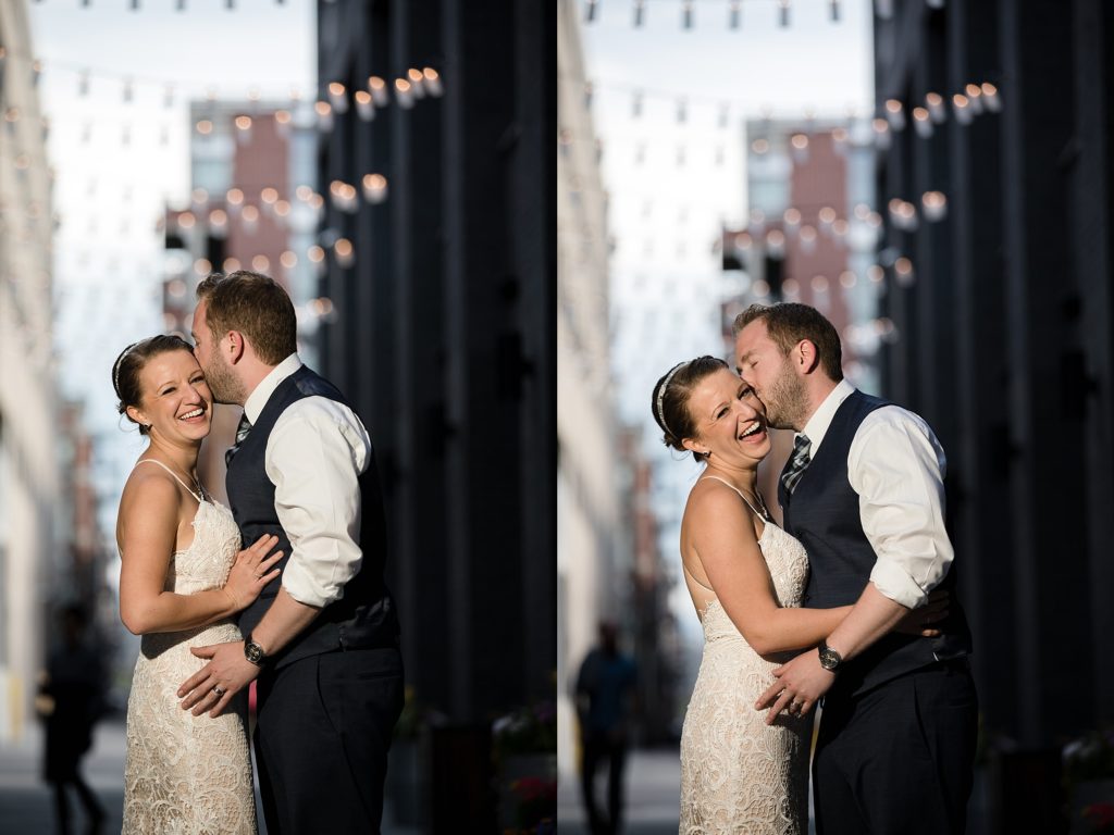 bride and groom pose for evening portraits in downtown denver colorado 
