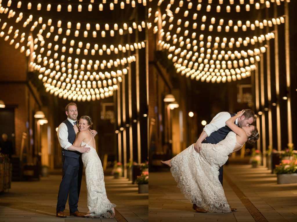 bride and groom night portraits with string light bokeh at the maven dairy block denver 