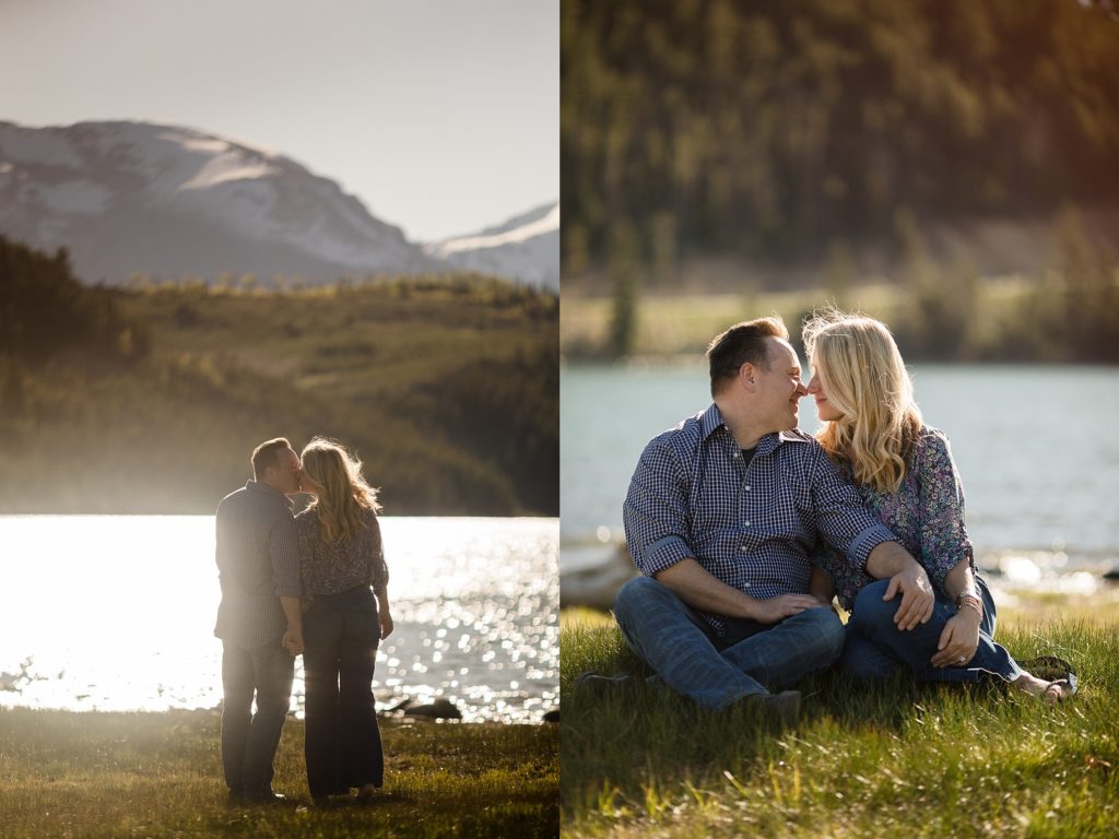 Engaged couple pose by lake dillon in breckenridge for engagement photos