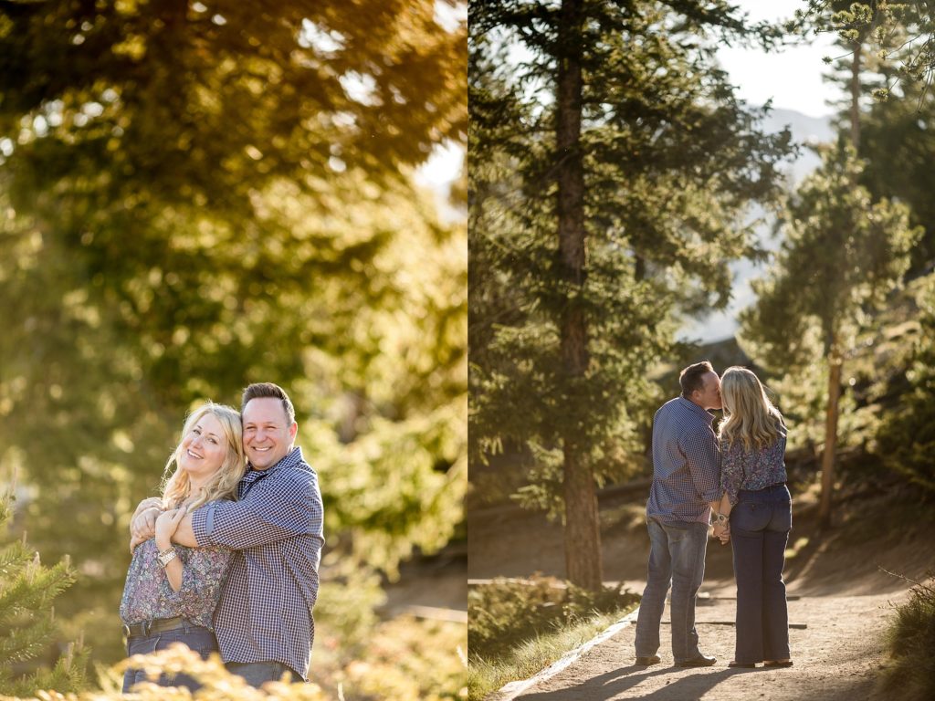 engaged couple pose for golden hour mountain engagement session 