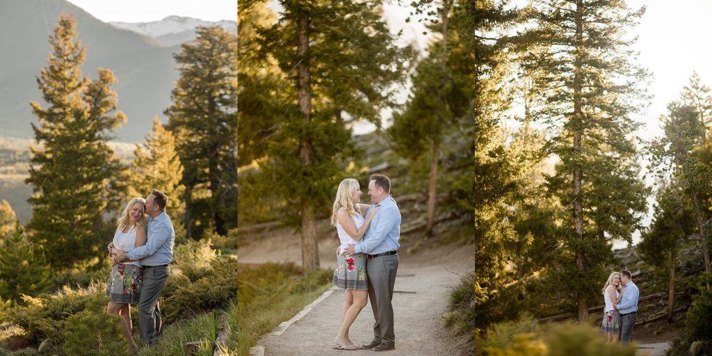 bride and groom to be hold each other during golden hour engagement session in the mountains 