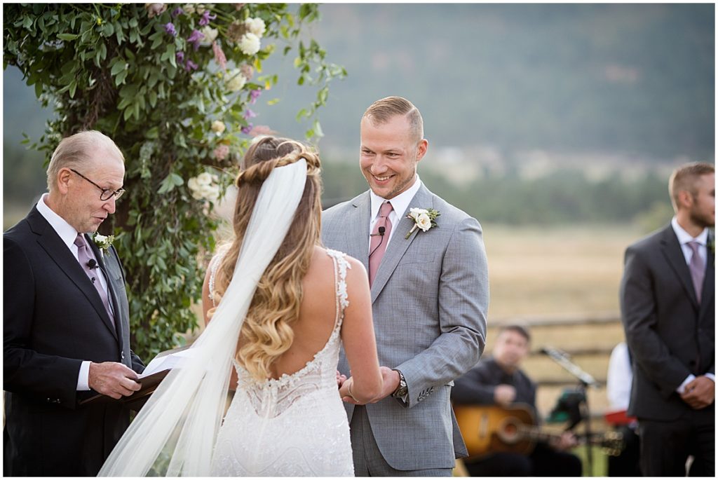 Wedding ceremony with Floral Arch by The Perfect Petal at Spruce Mountain Ranch Trey's Vista in Autumn