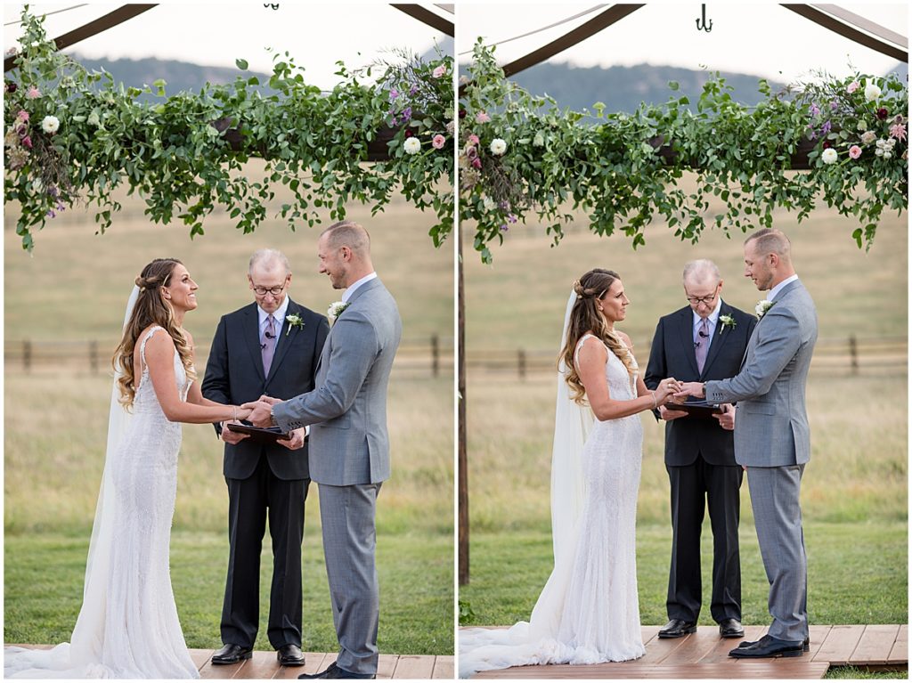 Wedding ceremony with Floral Arch by The Perfect Petal at Spruce Mountain Ranch Trey's Vista in Autumn