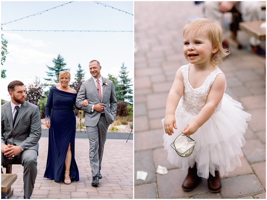 Mother and son walking down the isle at Spruce Mountain Ranch Ponderosa room with flower girl