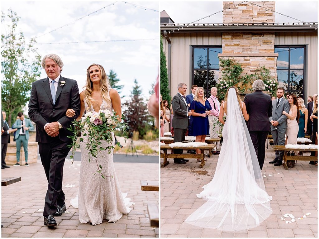 Father and daughter walking down the isle at the Ponderosa room at Spruce Mountain Ranch