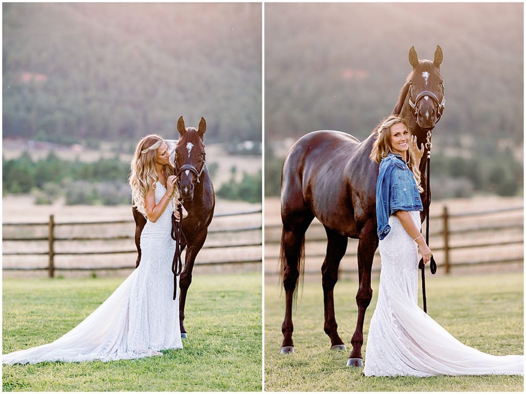 Photograph of Bride at Spruce Mountain Ranch with horse