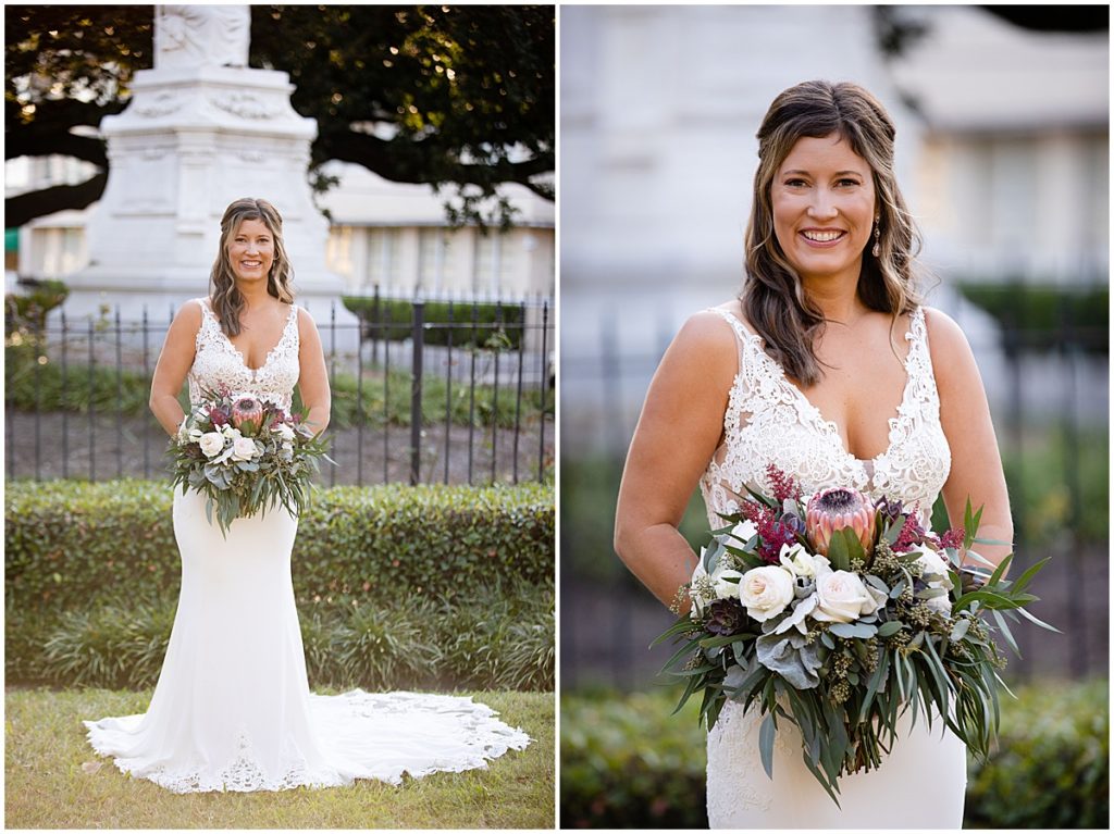 Bride with bouquet by The Plant Gallery with dress from Linen Jolie Bridal