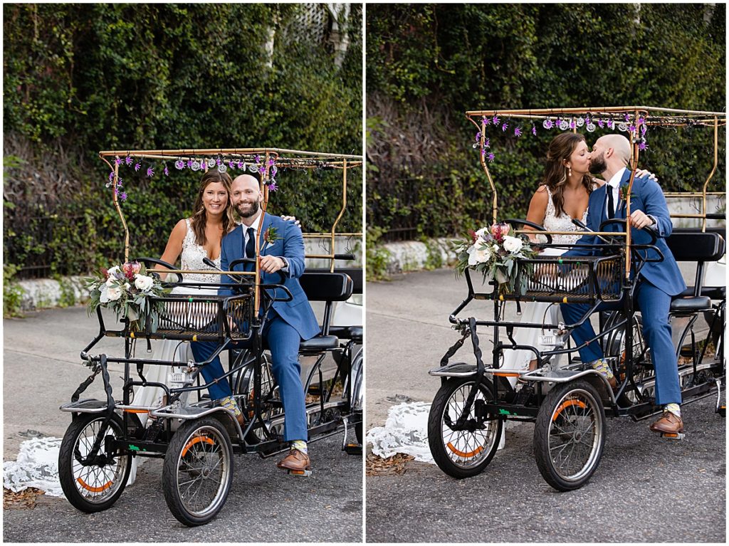 Bride and groom sitting outside in a surrey bike at Margaret Place Hotel in New Orleans