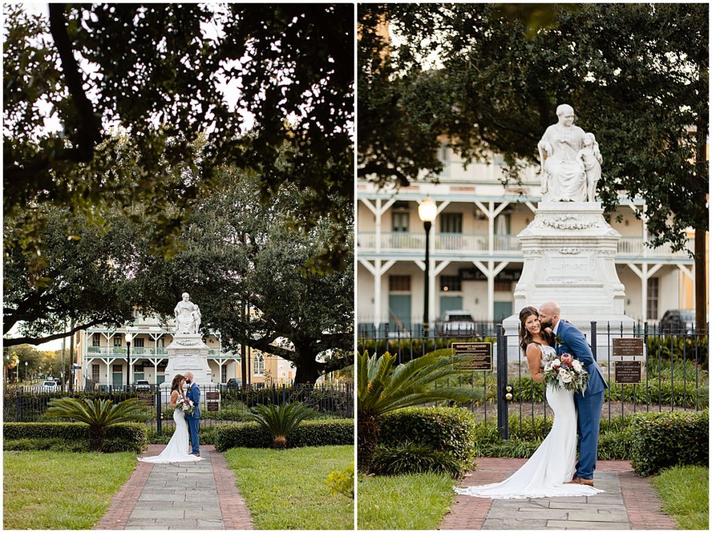 Bride and groom in front of the Margaret Place hotel in New Orleans