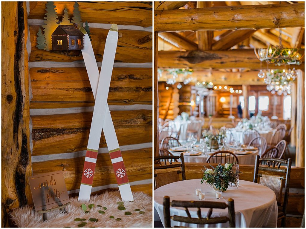 Reception dinner tables at The Pine Creek Cookhouse in Aspen for winter wedding.