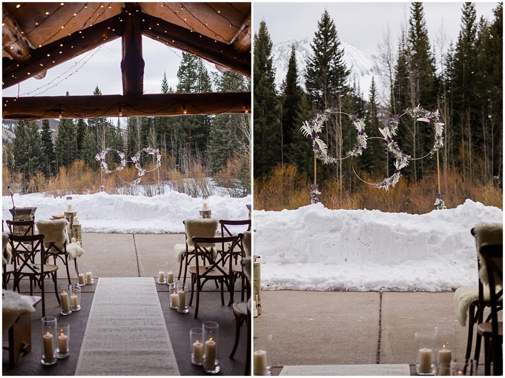 Ceremony area for winter wedding at The Pine Creek Cookhouse in Aspen.  Three ring floral design by Aspen Branch Design.