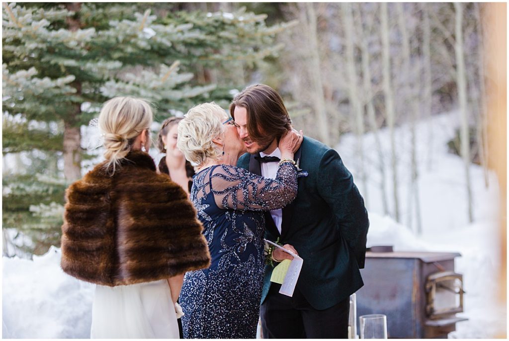 Winter wedding ceremony at The Pine Creek Cookhouse in Aspen