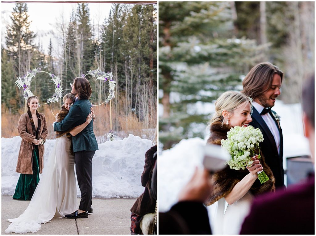 Bride and groom walking down the aisle at winter wedding ceremony at The Pine Creek Cookhouse in Aspen