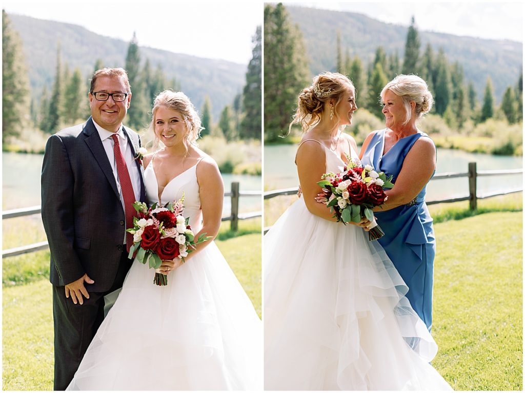 Mother and Father of the bride at Ski Tip Lodge with the bride holding bouquet by Pots and Petals Floral Design.