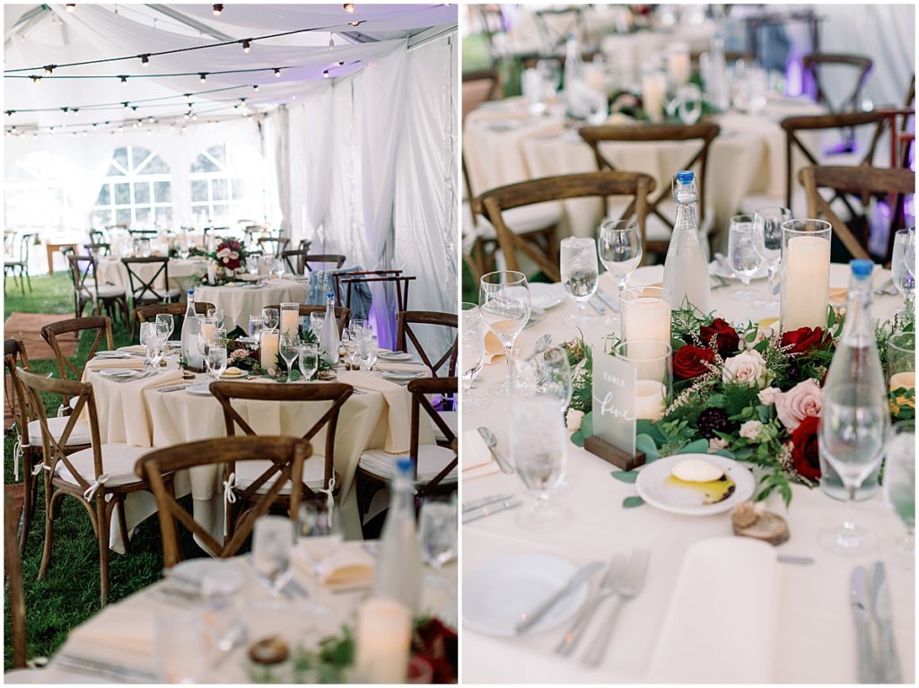 Reception dinner tables at Ski Tip Lodge with floral decoration by Pots & Petals Floral Design