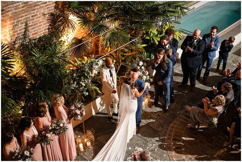 Ariel view of first kiss from wedding ceremony at Margaret Place Hotel in New Orleans