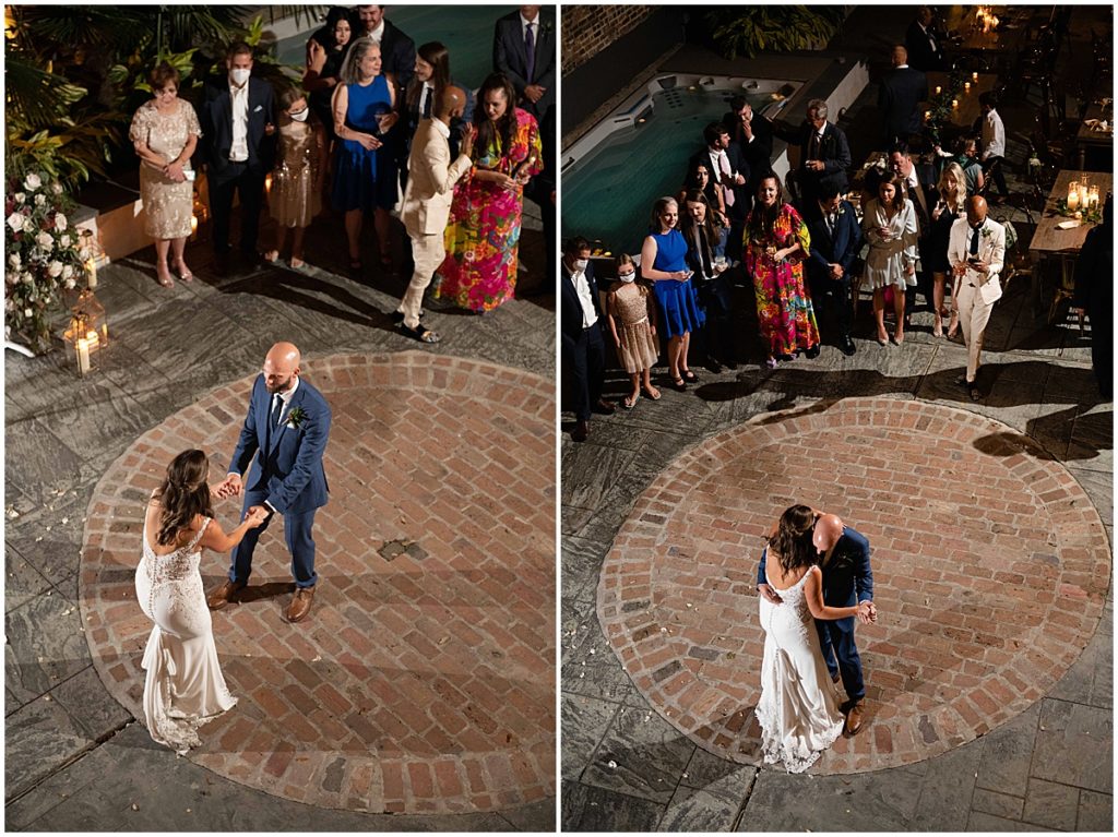 Ariel view of Bride and groom first dance at Margaret Place in New Orleans