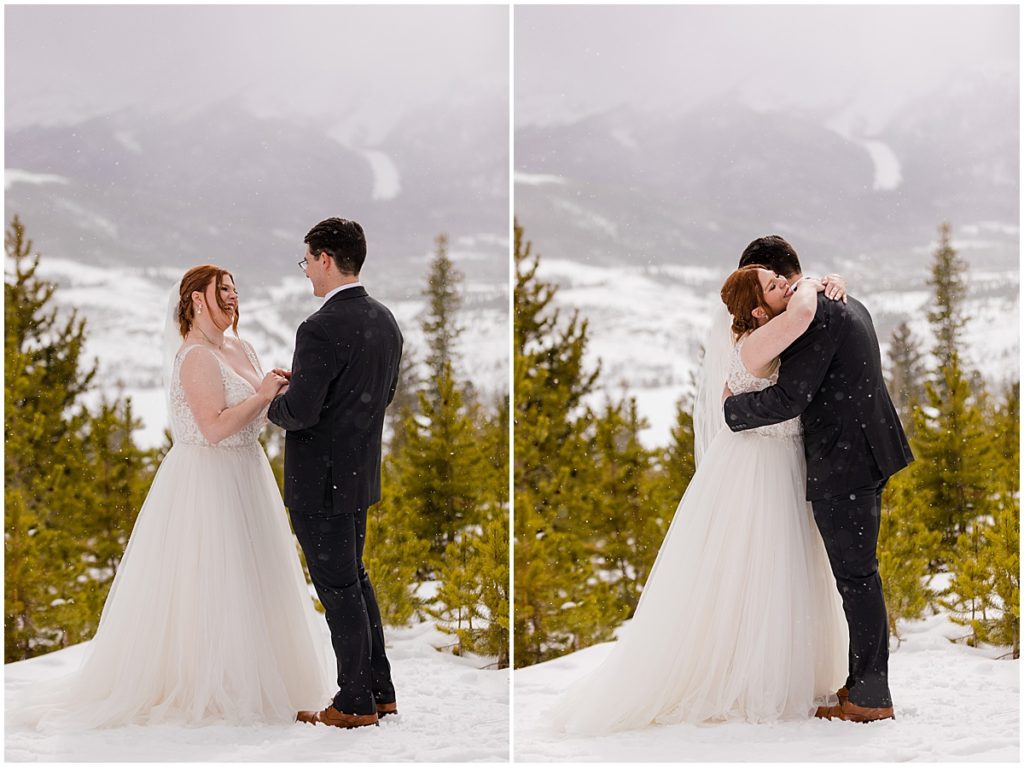 Bride and groom at Sapphire Point in Breckenridge for a micro wedding ceremony.  Bride is wearing a dress from Champagne and Lace Bridal.