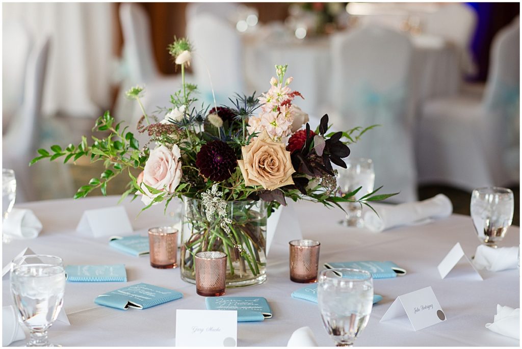 Floral decor by Lace and Lilies Flowers for wedding reception at the Stanley Hotel in Estes Park.