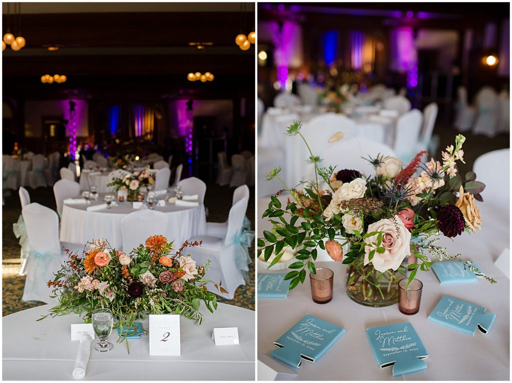 Floral decor by Lace and Lilies Flowers for wedding reception at the Stanley Hotel in Estes Park.