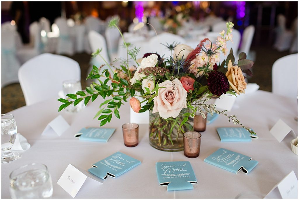 Floral decor by Lace and Lilies Flowers for wedding reception at the Stanley Hotel in Estes Park.