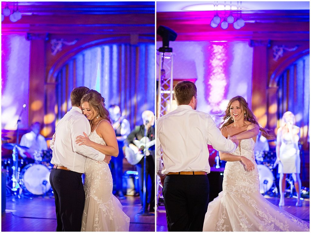 Bride and groom first dance at the Stanley Hotel in Estes Park.  Bride is wearing dress from Town and Country Bridal. Groom wearing suit from Jos A Bank.