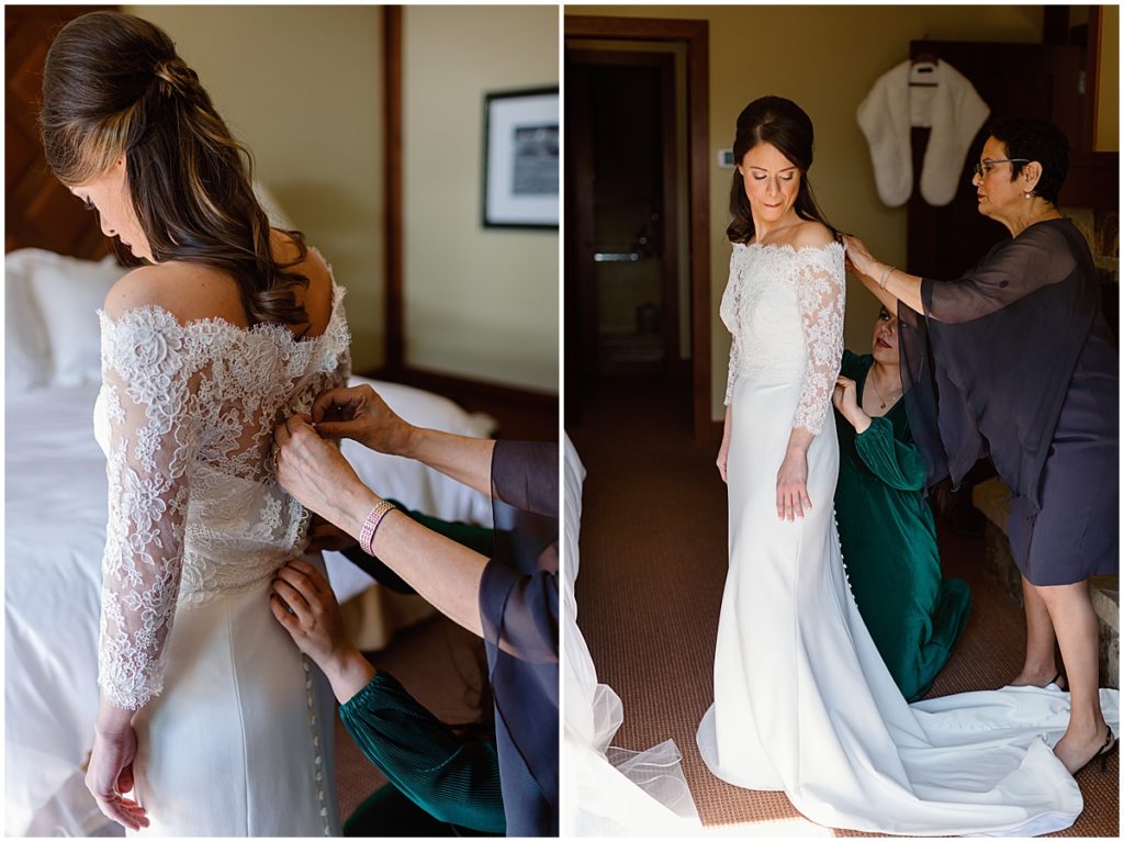 Bride getting wedding dress on at Four Seasons in Vail.