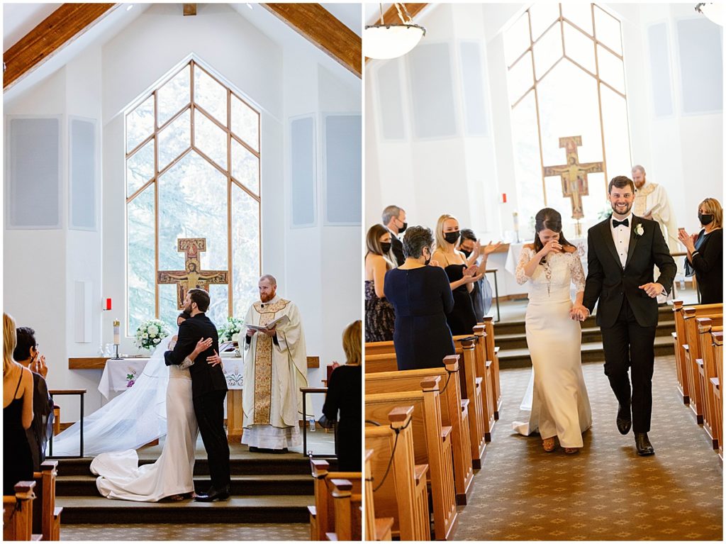 Bride and groom during wedding ceremony at Vail Chapel.