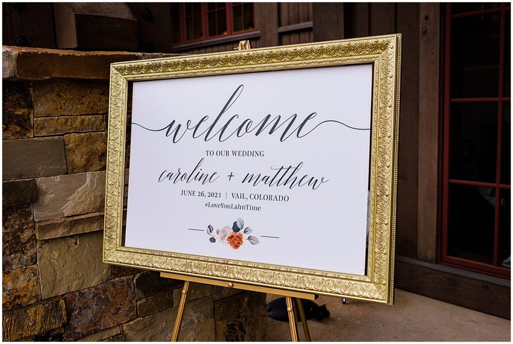 Welcome sign for wedding at Donovan Pavilion in Vail.