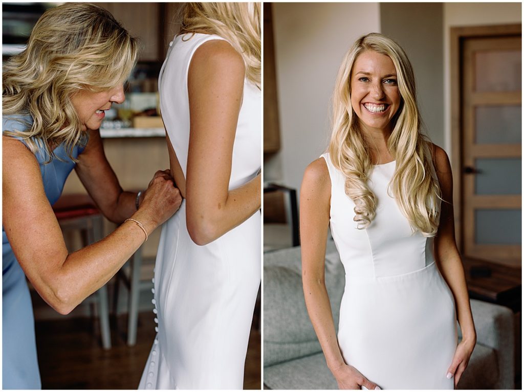 Bride getting ready wearing dress from Annika Bridal at Larkspur Vail.