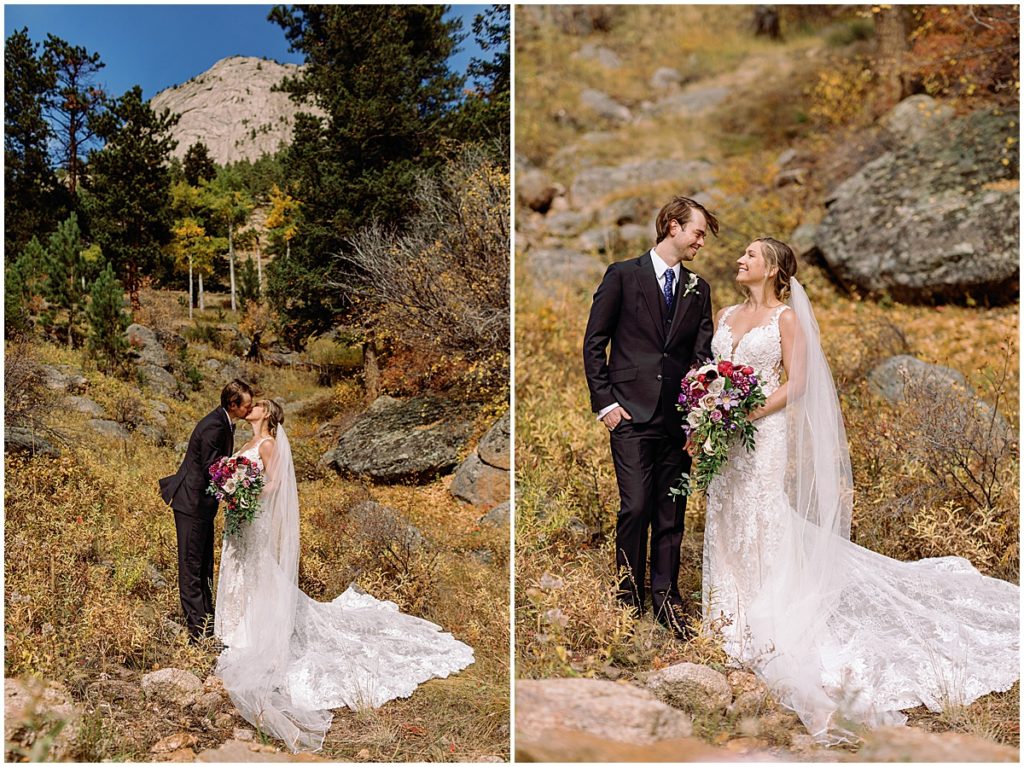 Bride and groom first look at Della Terra Mountain Chateau in Estes Park.  Bride wearing wedding dress designed by Martina Liana from Volle's Bridal & Boutique.  Groom Wearing suit from Men's Wearhouse.  Bride holding bouquet from The Perfect Petal.