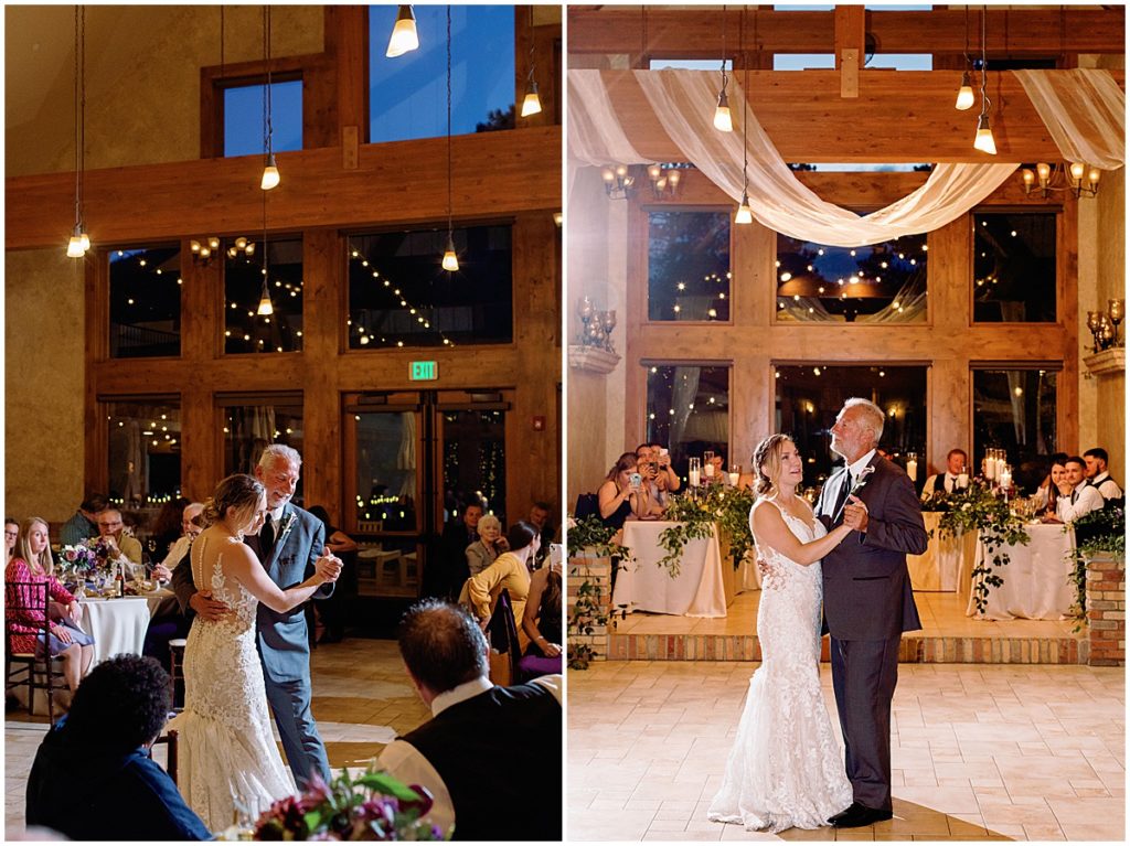 Father daughter first dance at Della Terra Mountain Chateau in Estes Park.  Bride wearing wedding dress designed by Martina Liana from Volle's Bridal & Boutique.