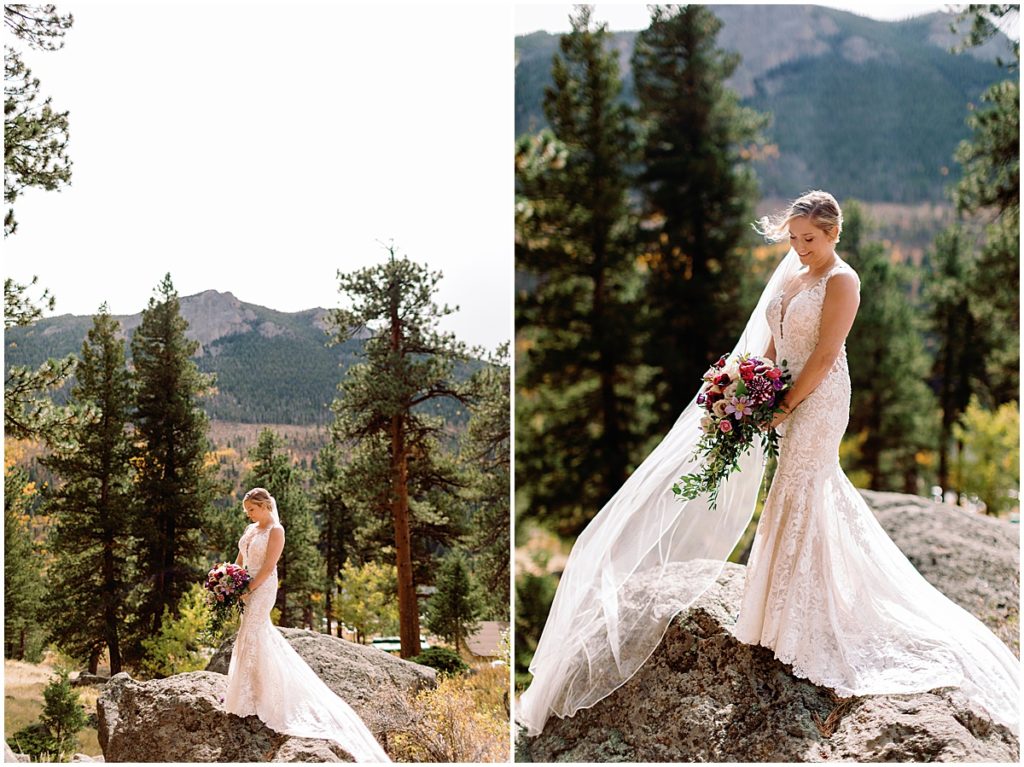 Bride at Della Terra Mountain Chateau in Estes Park.  Bride wearing wedding dress designed by Martina Liana from Volle's Bridal & Boutique.   Bride holding bouquet from The Perfect Petal.